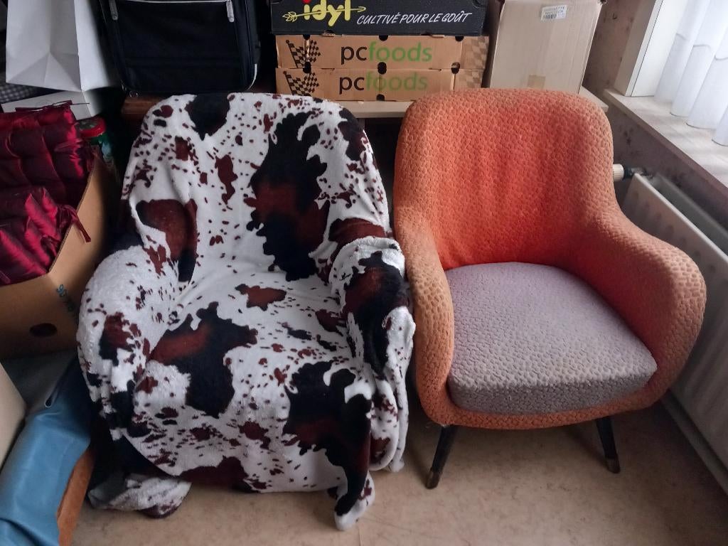 fifties vintage kuipzetels oranje grijs clubfauteuil 2 stuks, Huis en Inrichting, Fauteuils, Ophalen of Verzenden, Zo goed als nieuw