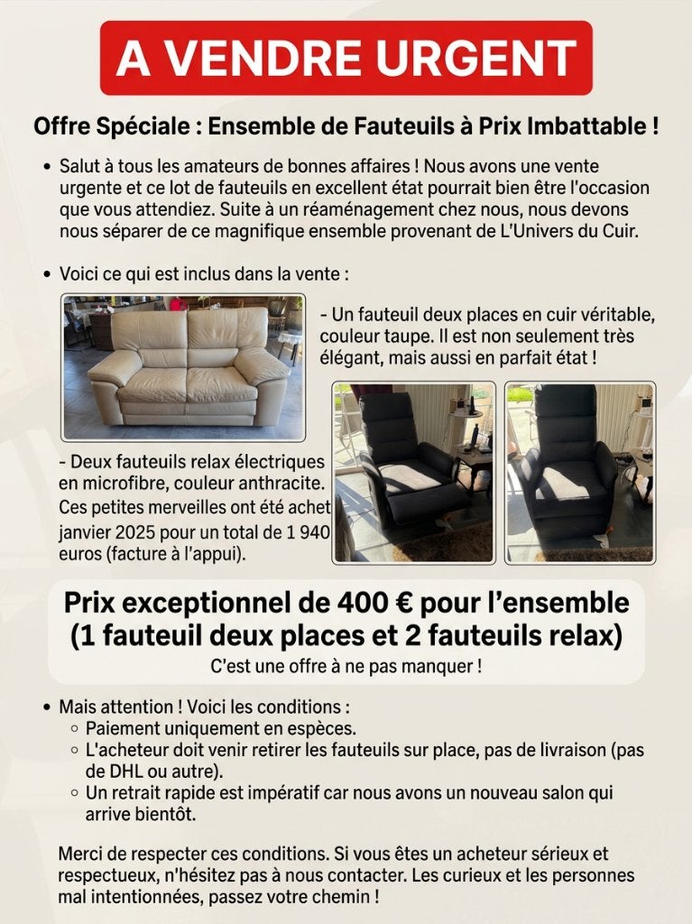 À VENDRE :  URGENT, Maison & Meubles, Fauteuils, Utilisé, Cuir, Enlèvement