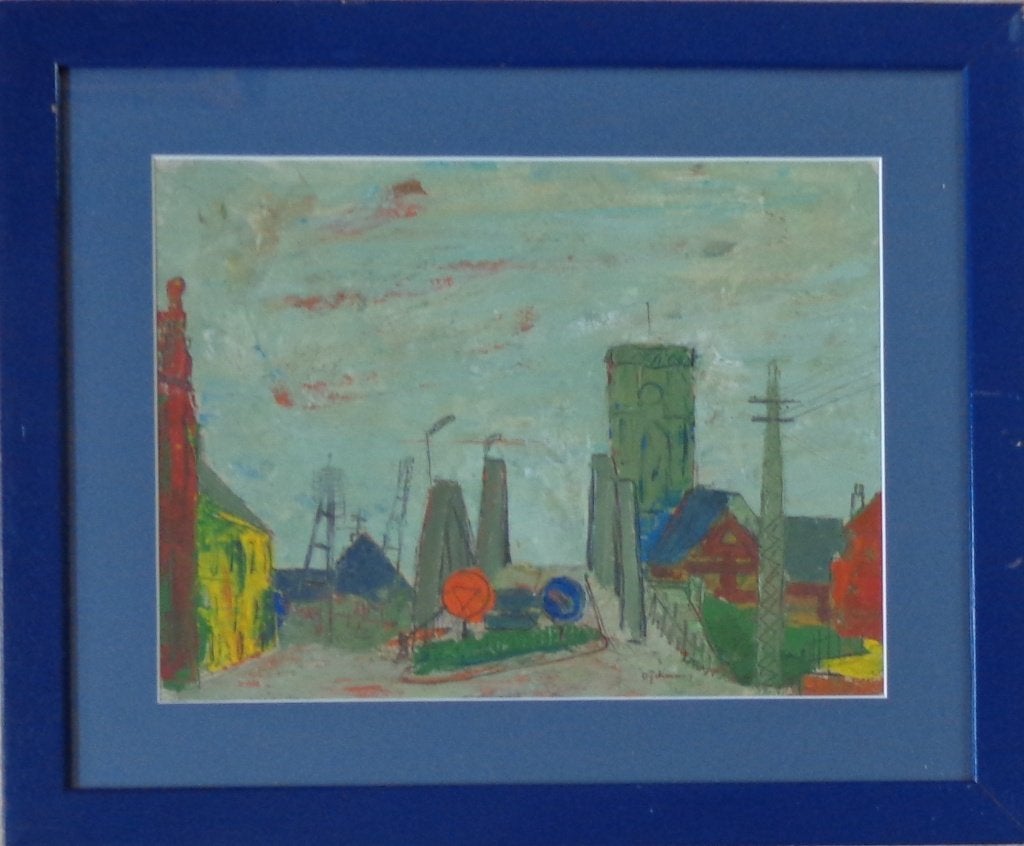 BRUNO DYCKMANS / STADSZICHT / OLIEVERF PAPIER 46x56cm KADER, Antiek en Kunst, Papier/karton, Ophalen of Verzenden, Olieverf, Passe-partout