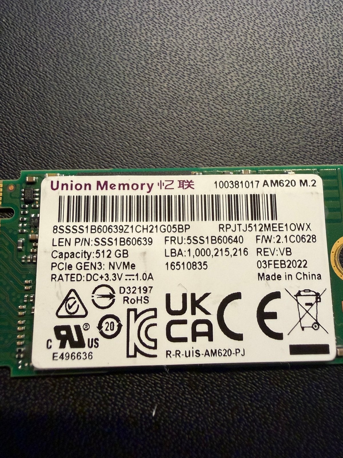 512GB union Memory NVMe M.2 2242 SSD, Ophalen of Verzenden, Zo goed als nieuw, SSD
