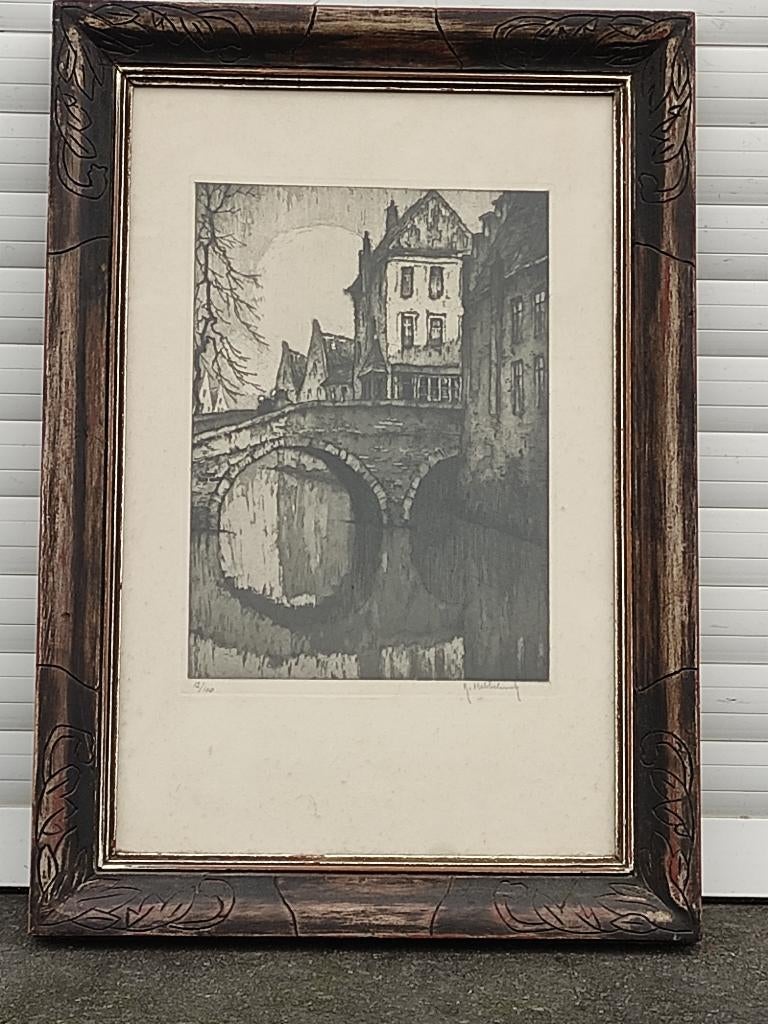 gravure pont de bruges signe roger hebbelinck, Antiek en Kunst, Kunst | Etsen en Gravures, Ophalen of Verzenden, Gravure