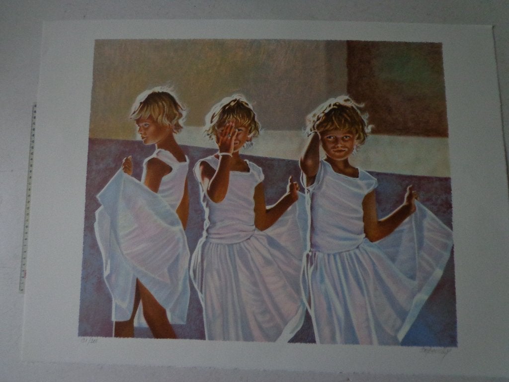typische litho van Lepouilly 3 jonge meisjes met witte jurk, Antiquités & Art, Édition limitée, Enlèvement, Portraits et figures