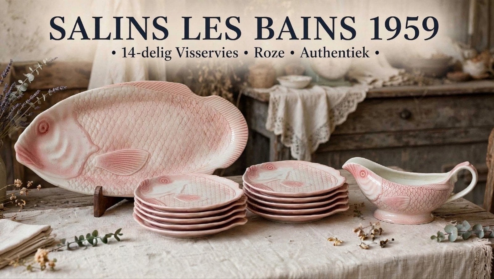 Sac de pêche complet en faïence rose de 14 pièces de la marq, Enlèvement ou Envoi