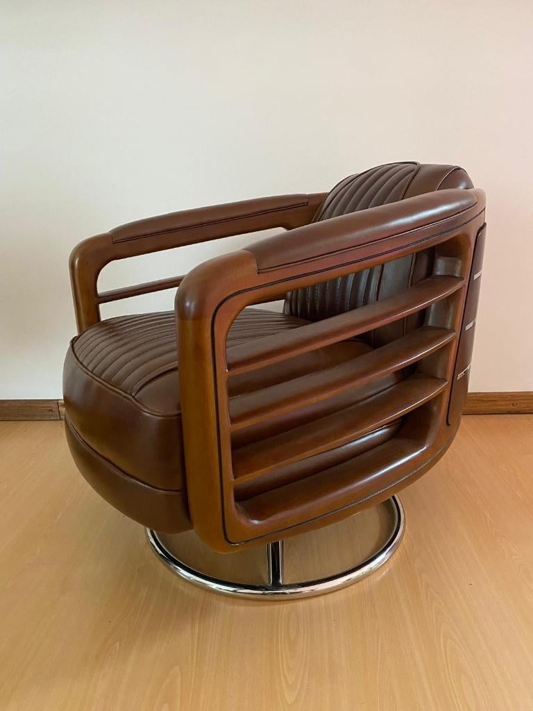 Prachtige lederen fauteil in Art Deco design met bijzettafel, Huis en Inrichting, Stoelen, Ophalen, Bruin, Nieuw, Eén