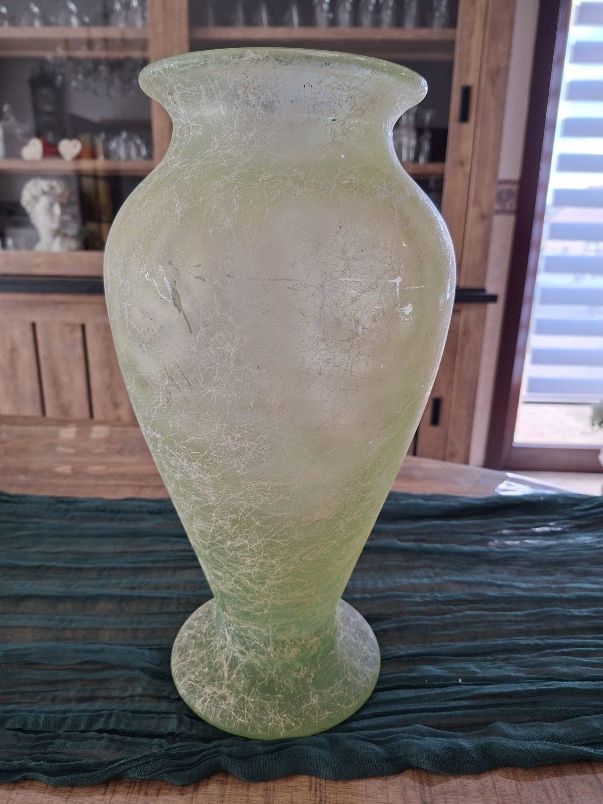 Grand vase effet craquelée, Convient pour fleurs séchées, Comme neuf, Verre, Vert