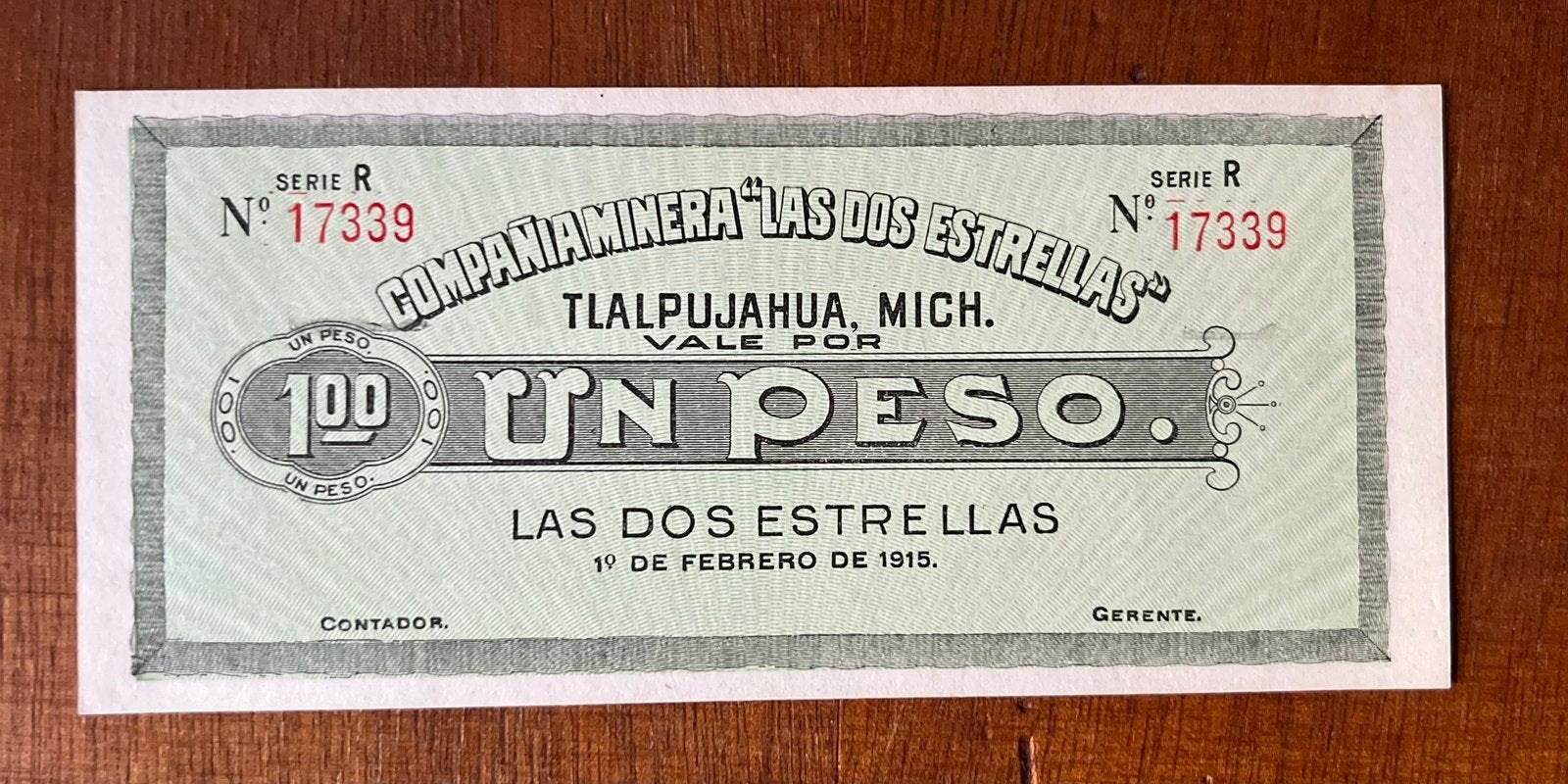 Mexique – 1 Peso 1915– Compañía Minera Las Dos Estrellas UNC, Timbres & Monnaies, Enlèvement ou Envoi, Amérique centrale, Série