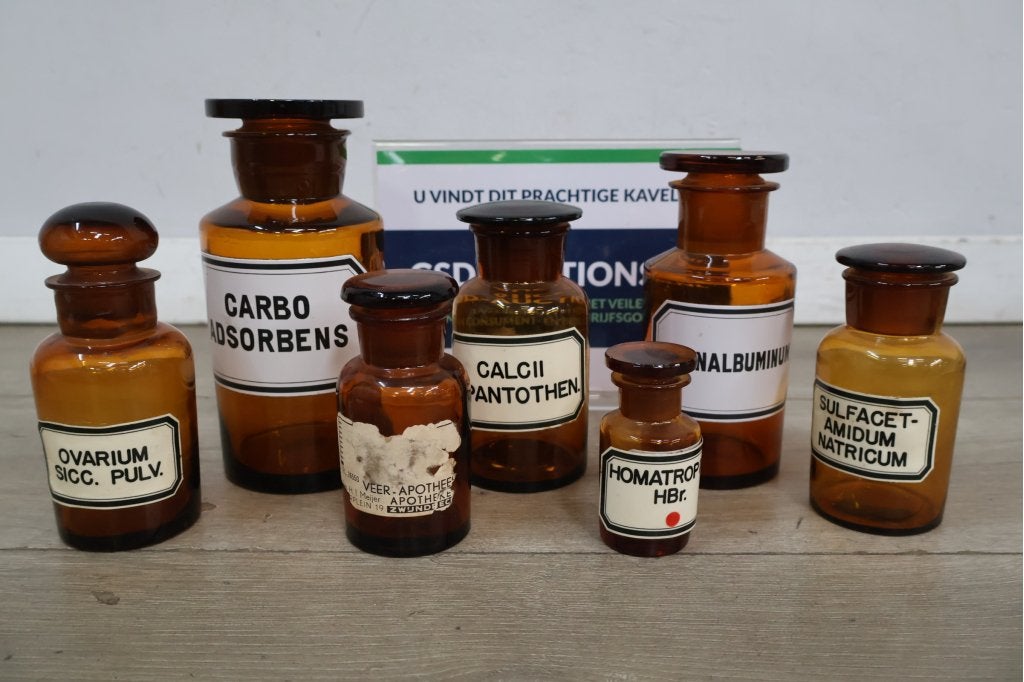 Set antieke bruine Apothekersflessen, Antiek en Kunst