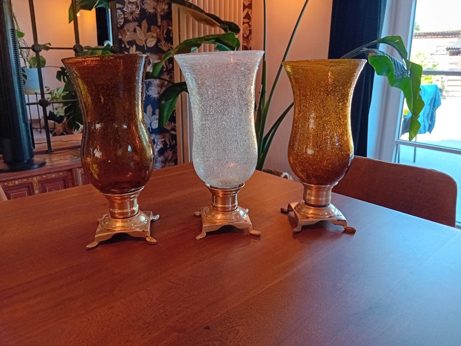 3 Grands photophores vintage laiton / verre soufflé, Enlèvement ou Envoi