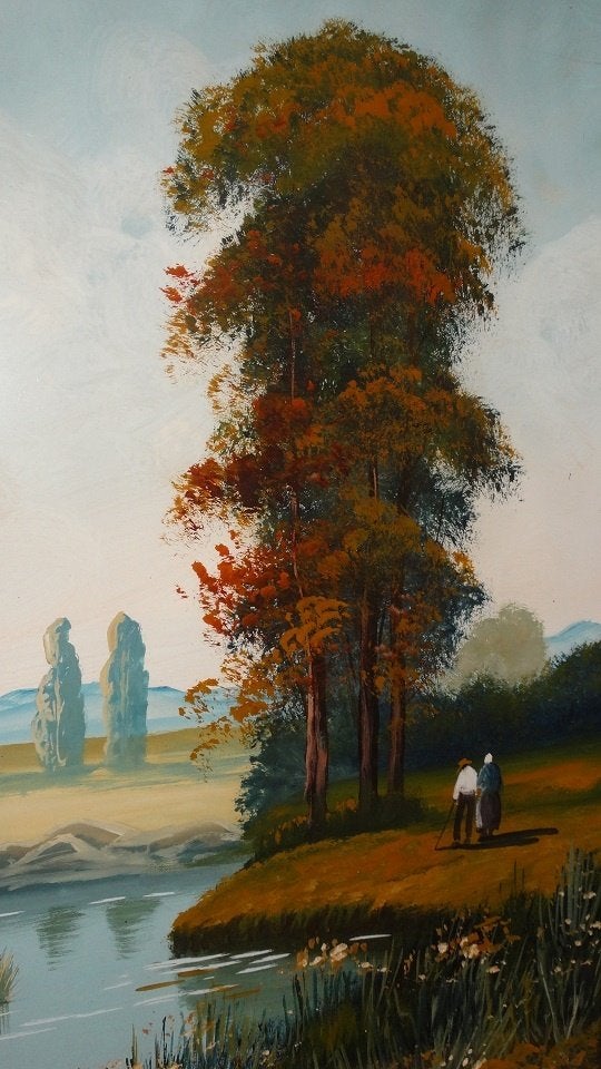 Raymond Blossier (XXe siècle) couple sur la rive, Antiquités & Art, Sous verre, Peinture à l'huile, Paysage, Enlèvement
