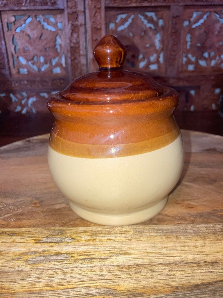 Crème en Amber Geglazuurde Keramiek Honingpot met Deksel, Antiek en Kunst, Antiek | Keramiek en Aardewerk, Ophalen of Verzenden