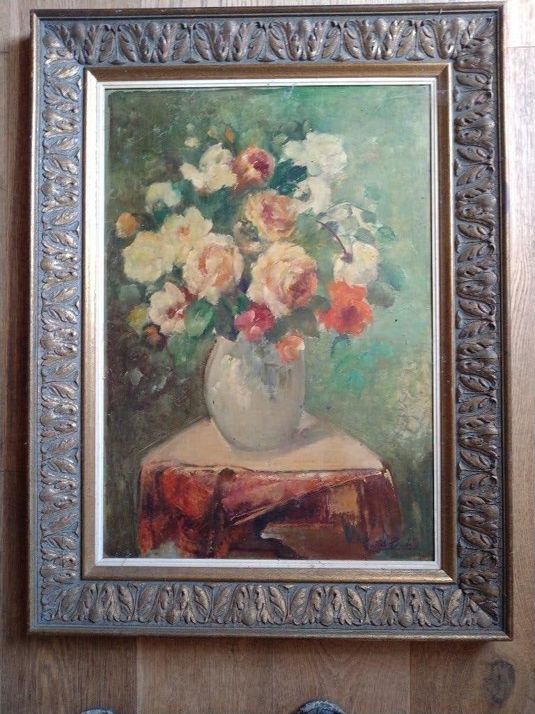schilderij badet, Antiek en Kunst, Kunst | Schilderijen | Klassiek, Bloemen, Overige ondergronden, Ophalen of Verzenden, Olieverf