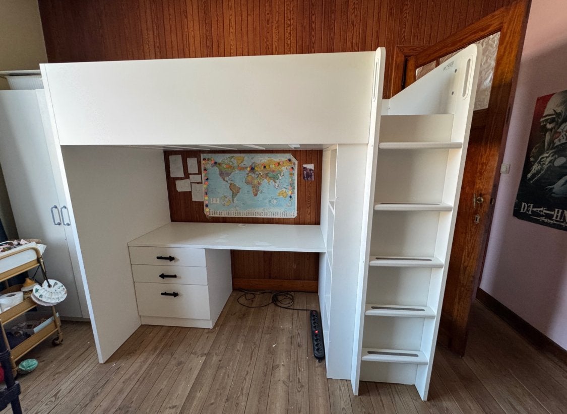 Witte hoogslaper met bureau en lades 90x200cm, Ophalen, Zo goed als nieuw, Wit