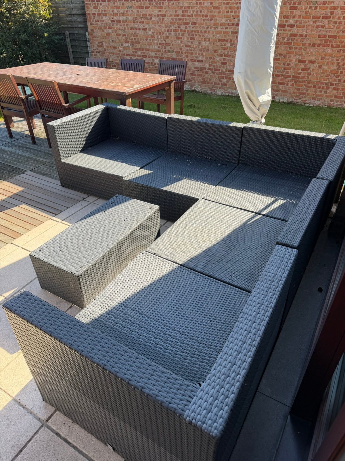 Tuinmeubelen, zithoek, teakhouten tafel 5 stoelen, Ophalen, Gebruikt