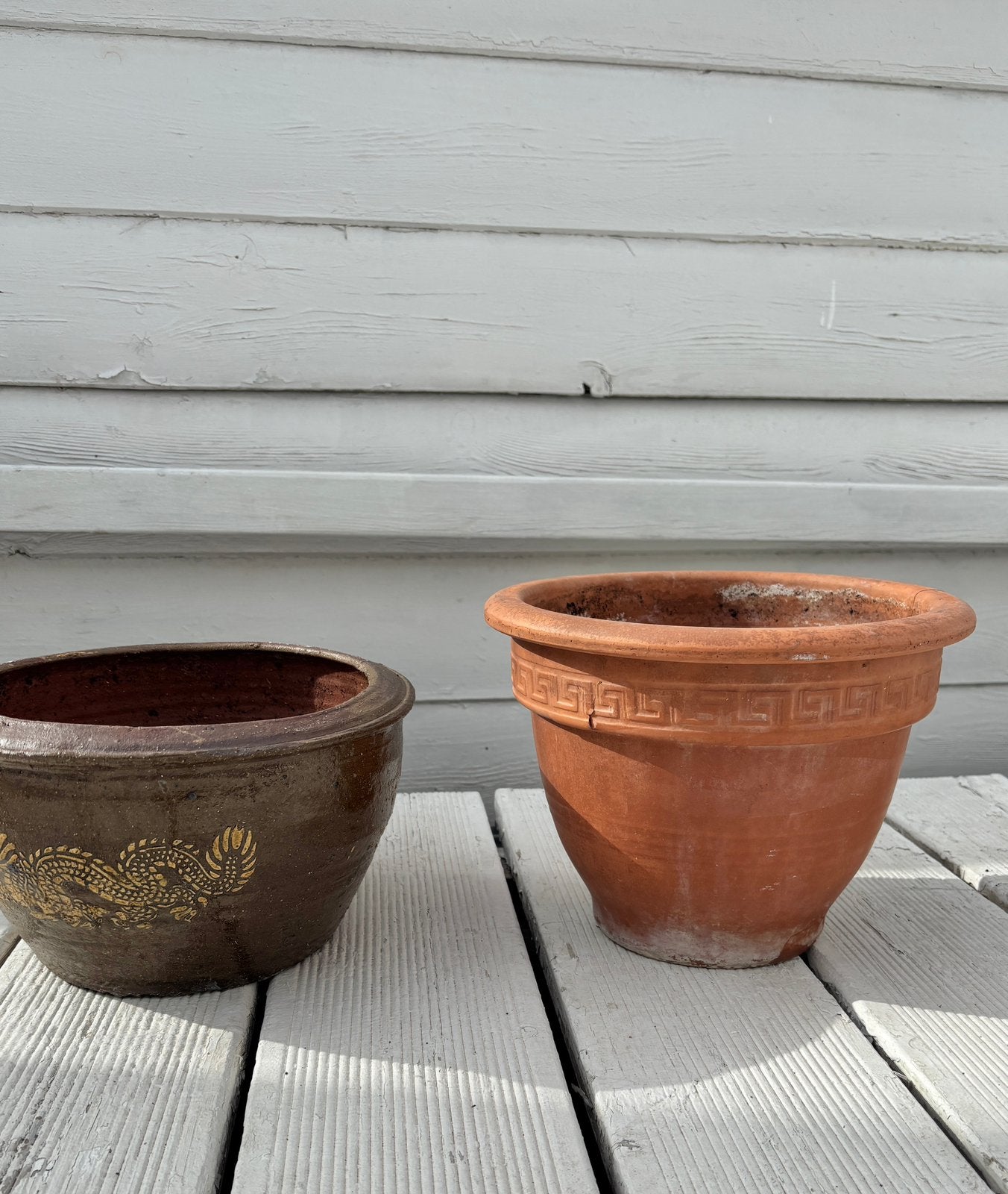 2 terracotta bloempotten, Tuin en Terras, Ophalen, Zo goed als nieuw, Terracotta