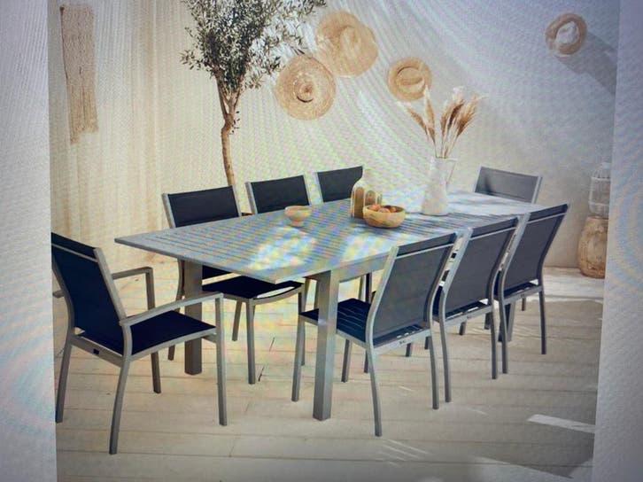 Tuinset met 8 stoelen (zie afbeelding), Tuin en Terras, Tuintafels, Ophalen, Zo goed als nieuw, Rechthoekig, Textileen