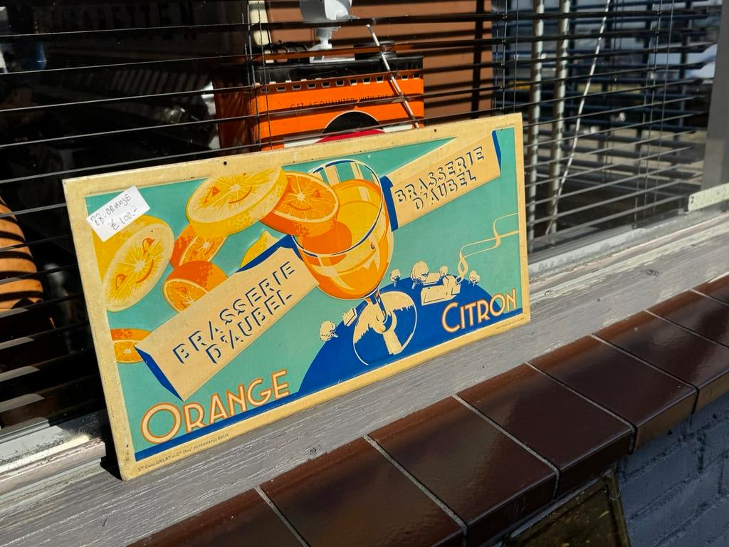 Ancien panneau publicitaire Orange Citron 1947, Enlèvement ou Envoi, Utilisé, Panneau publicitaire
