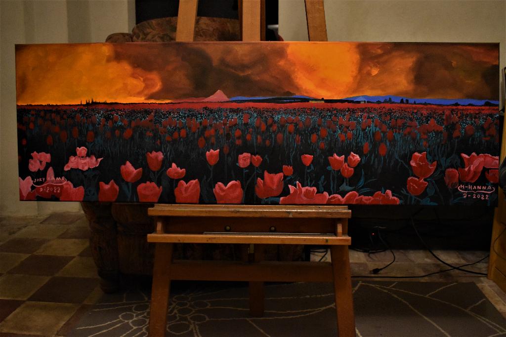Landschapsschilderij met tulpen bij zonsondergang, Joky Kamo, Ophalen, Origineel werk, Landschap, Doek