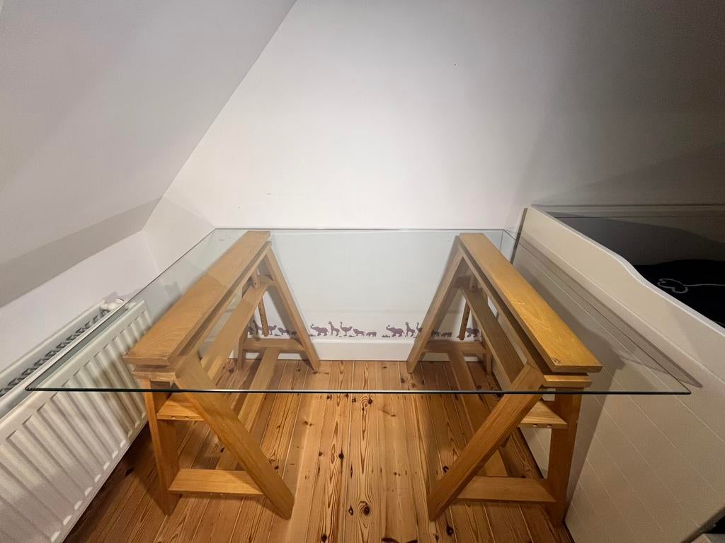 Architectenbureau/tafel van gehard glas, Ophalen, In hoogte verstelbaar, Zo goed als nieuw
