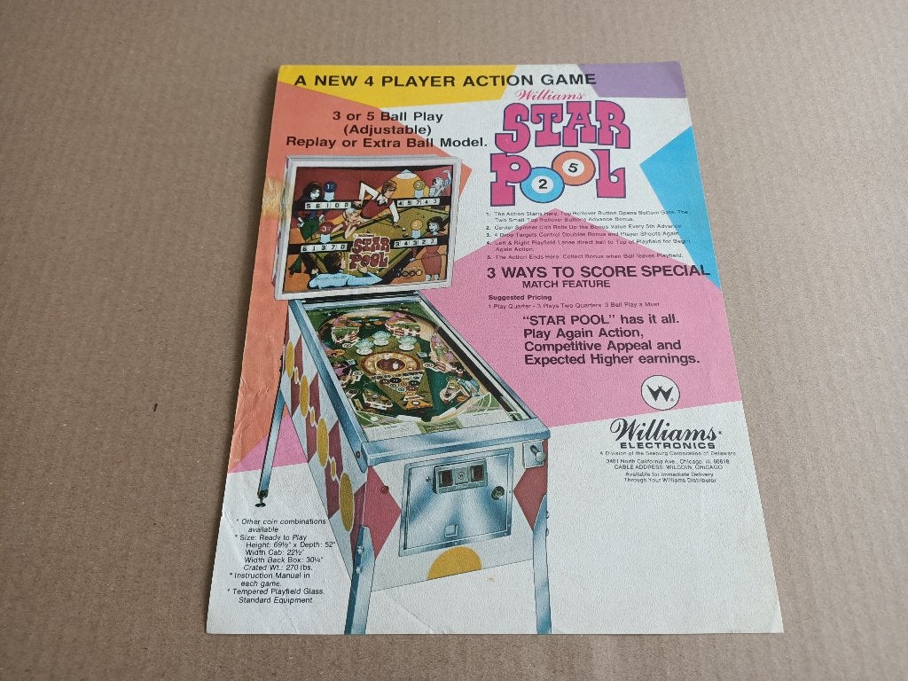 Flyer: Williams Star Pool (1974) Flipperkast, Verzamelen, Automaten | Flipperkasten, Flipperkast, Williams, Verzenden