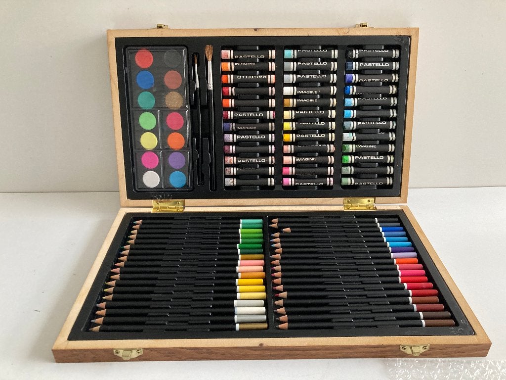 Boîte à dessin en bois « Imagine »88 pièces(pastels, crayons, Hobby & Loisirs créatifs, Enlèvement ou Envoi, Comme neuf, Crayon ou Feutre