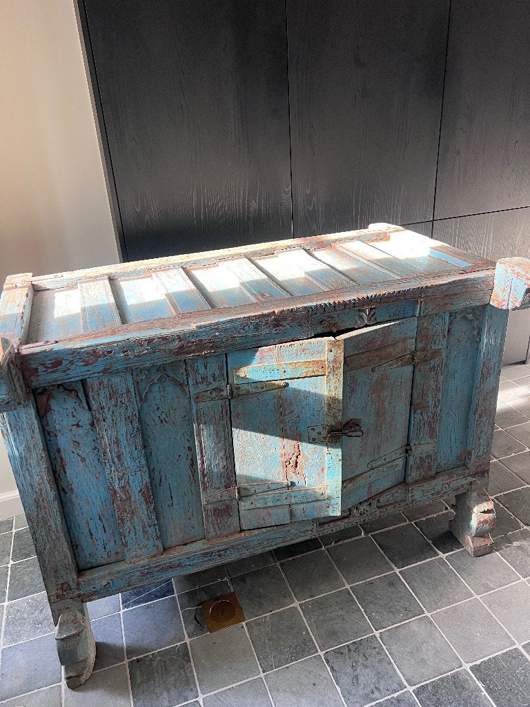 Unieke oude houten kast met turquoise patina - 120 cm, Huis en Inrichting, Ophalen, Gebruikt, 100 tot 150 cm, Landelijk