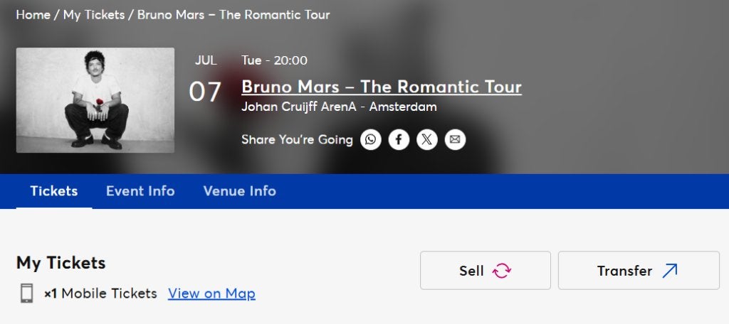 1 ticket Bruno Mars - De romantische tour - Amsterdam 07/07, Tickets en Kaartjes, Concerten | Overige, Maart