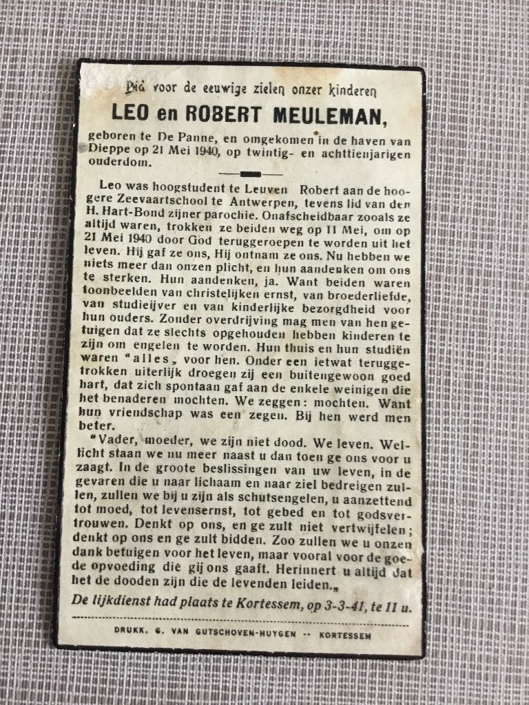 2 victimes de guerre Meuleman De Panne +21 mai 1940, Envoi, Image pieuse