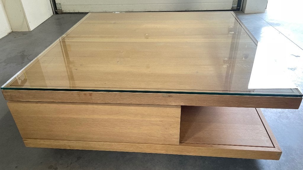 Vol Eiken salontafel van ethnicraft 110x110x37cm met Topglas, Huis en Inrichting, Tafels | Salontafels, Ophalen, Zo goed als nieuw