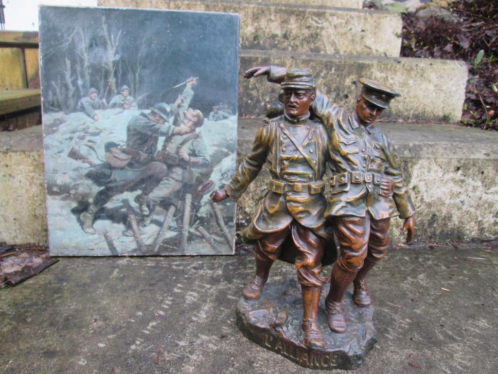 Gebronsd beeld ALLIANCE gesigneerd Franse en Engelse soldaat, Verzamelen, Militaria | Algemeen, Ophalen of Verzenden