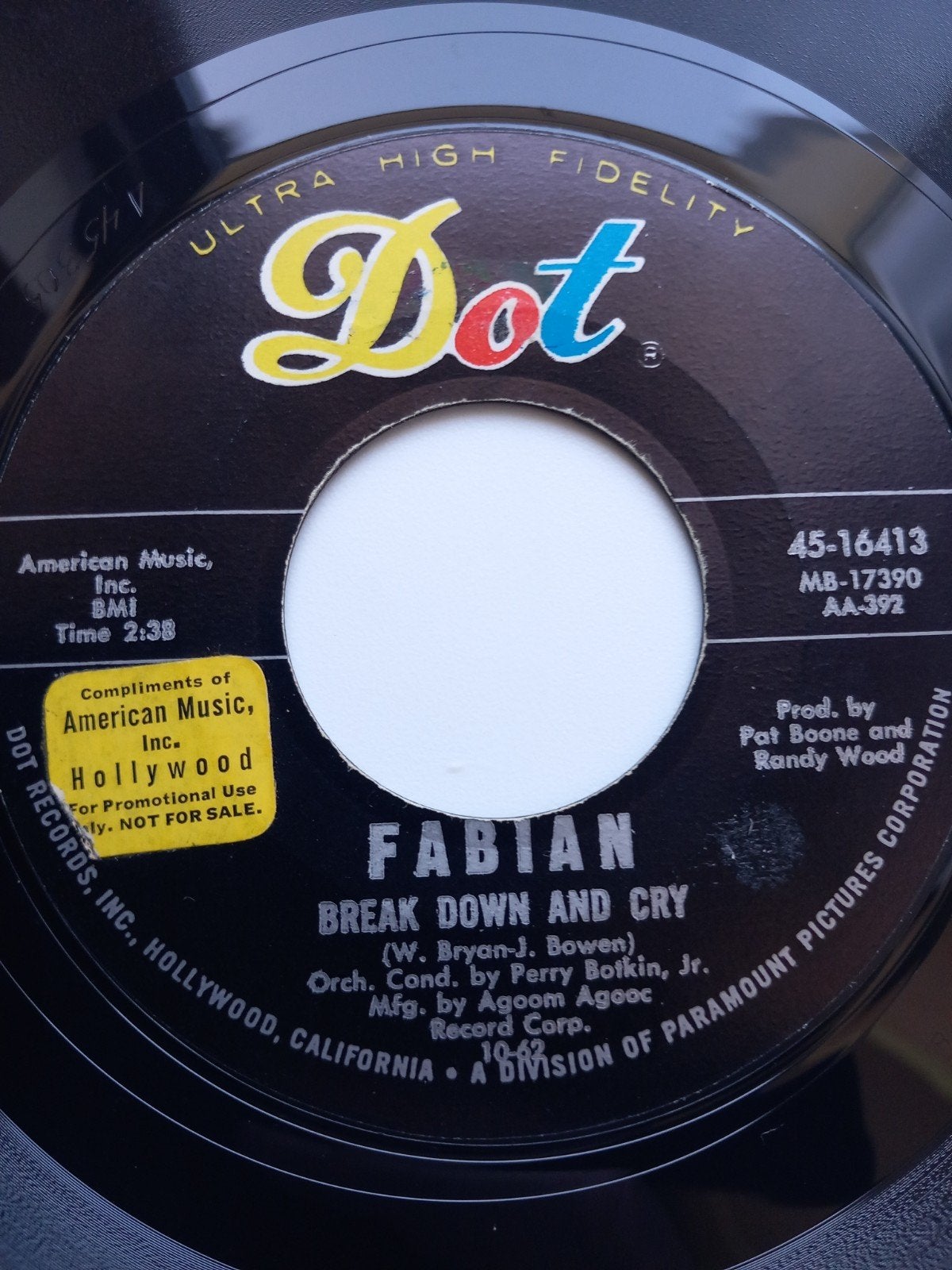 FABIAN. BREAK DOWN AND CRY. 60S USA 45T
