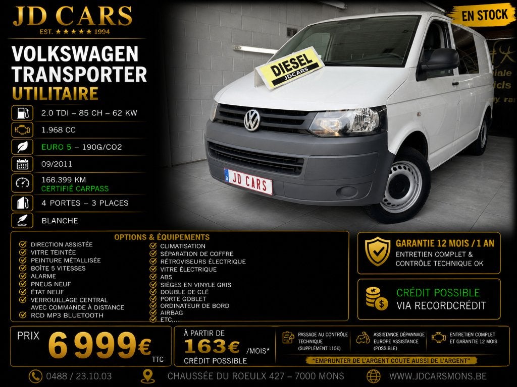 VW TRANSPORTER T5 2.0TDI UTILITAIRE ‼️GARANTIE 1 AN CTOK‼️, Euro 5, Achat, 4 portes, Entretenue par le concessionnaire