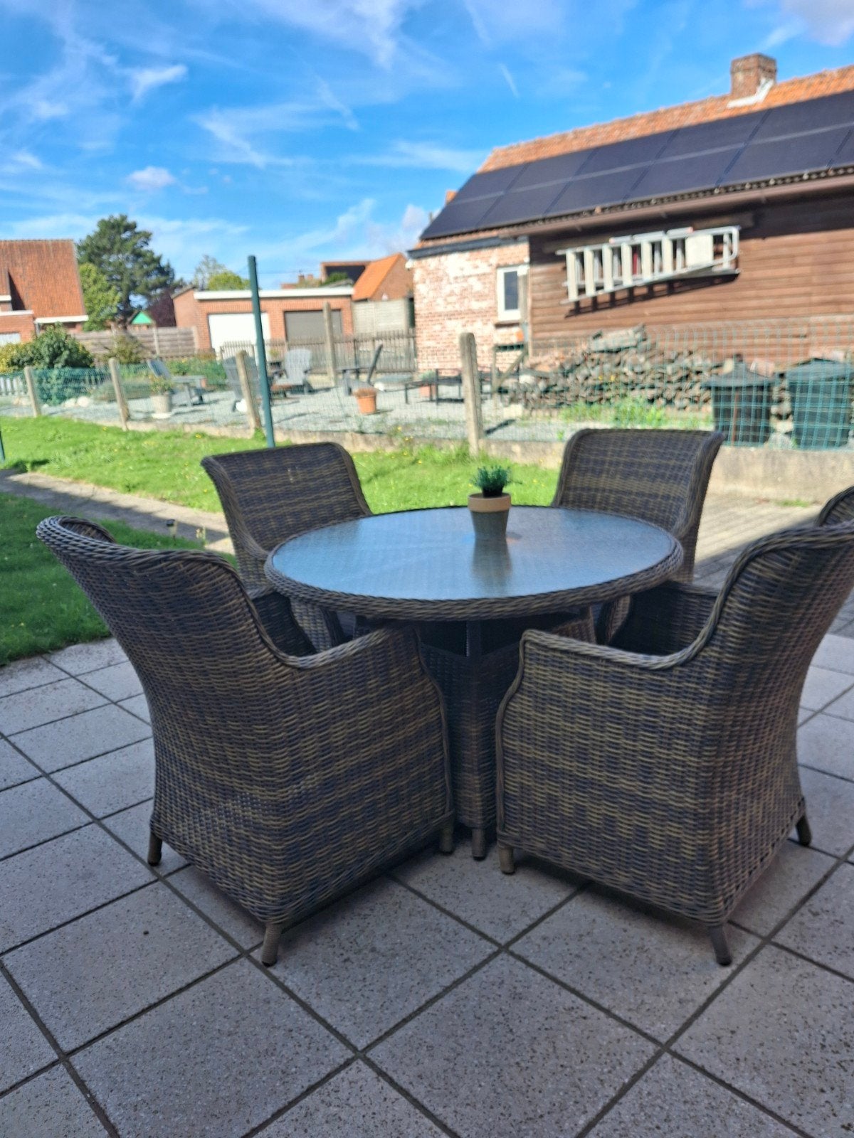 mooi luxe rotan eettafel ,met bijpassende kussens, Jardin & Terrasse, Enlèvement, Rotin, Table à dinner