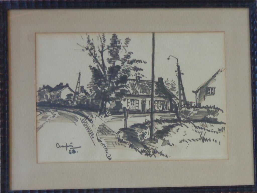 JULIEN CREYTENS / DORPSZICHT / ORIGINEEL / 48x63cm / KADER, Antiquités & Art, Art | Dessins & Photographie, Enlèvement ou Envoi