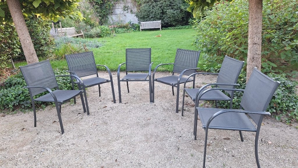 Set van 6 tuinstoelen – stapelbaar, Tuin en Terras, Ophalen, Gebruikt, Aluminium, Stapelbaar