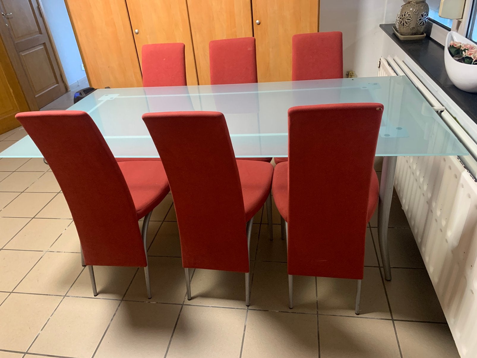 Glazen tafel met 6 stoelen, Huis en Inrichting, Ophalen, Gebruikt