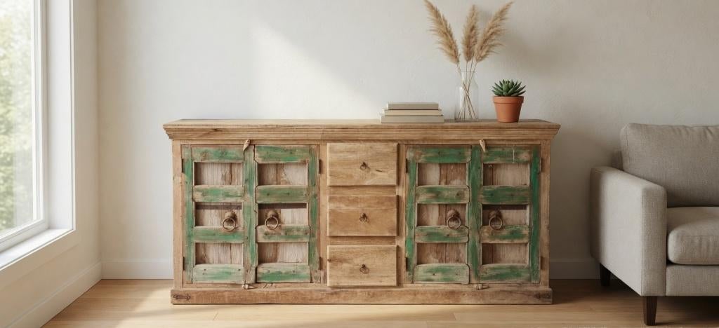 Groot India / Ibiza dressoir, Gebruikt, Met deur(en), Ophalen of Verzenden, India, ibiza, verweerd, shabby
