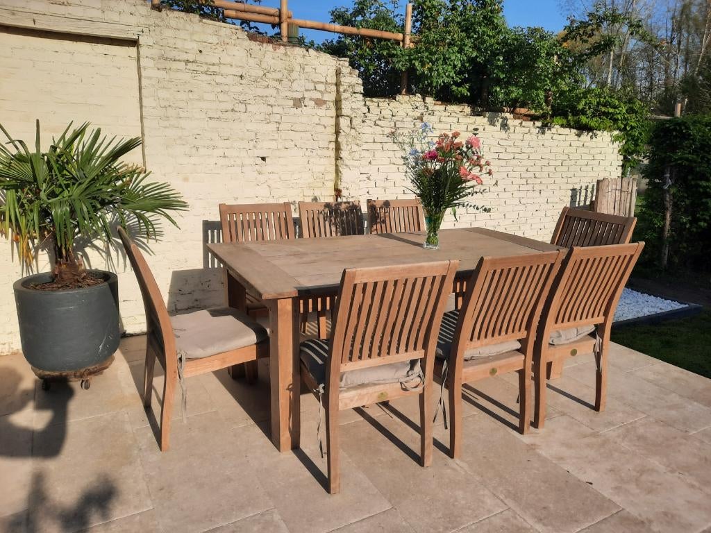 tuintafel en 8 stoelen - teakhout, Tuin en Terras, Tuinsets en Loungesets, Ophalen, Zo goed als nieuw, Teakhout, Tuinset