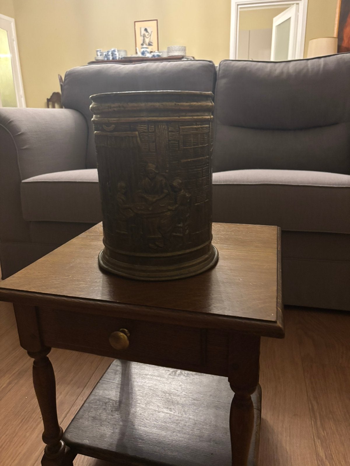 Vintage koperen mand met reliëfpatronen, Antiek en Kunst, Ophalen of Verzenden, Koper