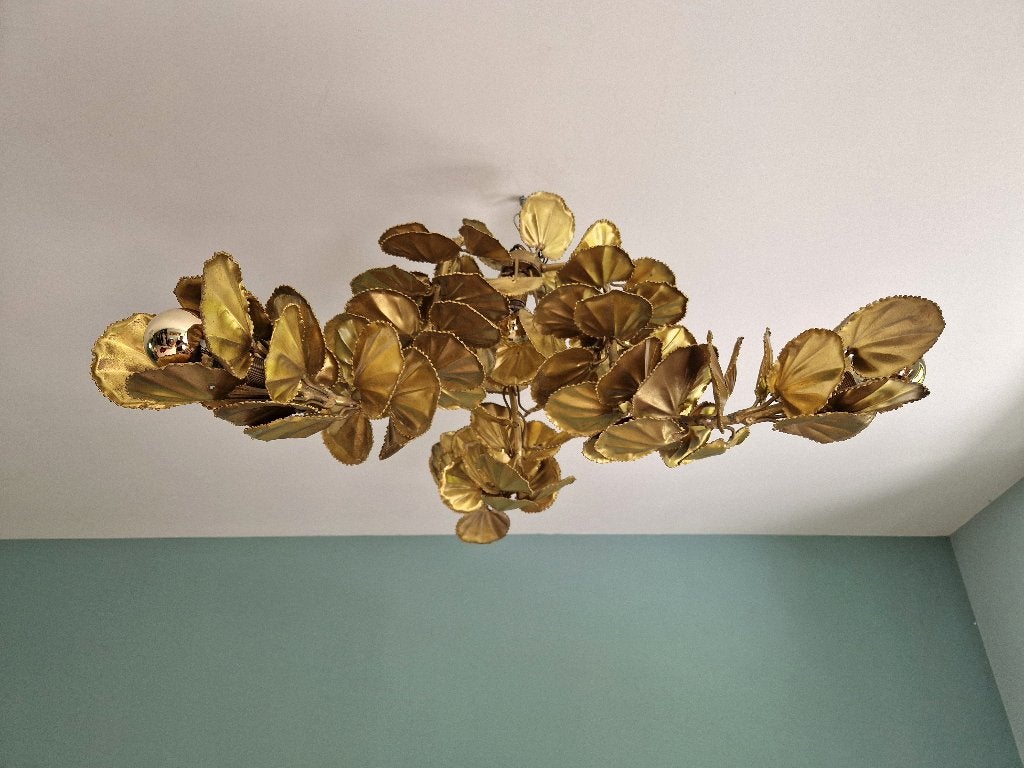 Grand luste brutaliste en laiton, décor floral, 1970, Enlèvement