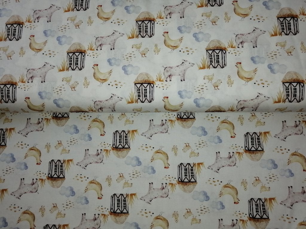Outlet : Poplin katoen boerderijdieren kipjes en varkens, Verzenden, 120 cm of meer, Wit, Katoen