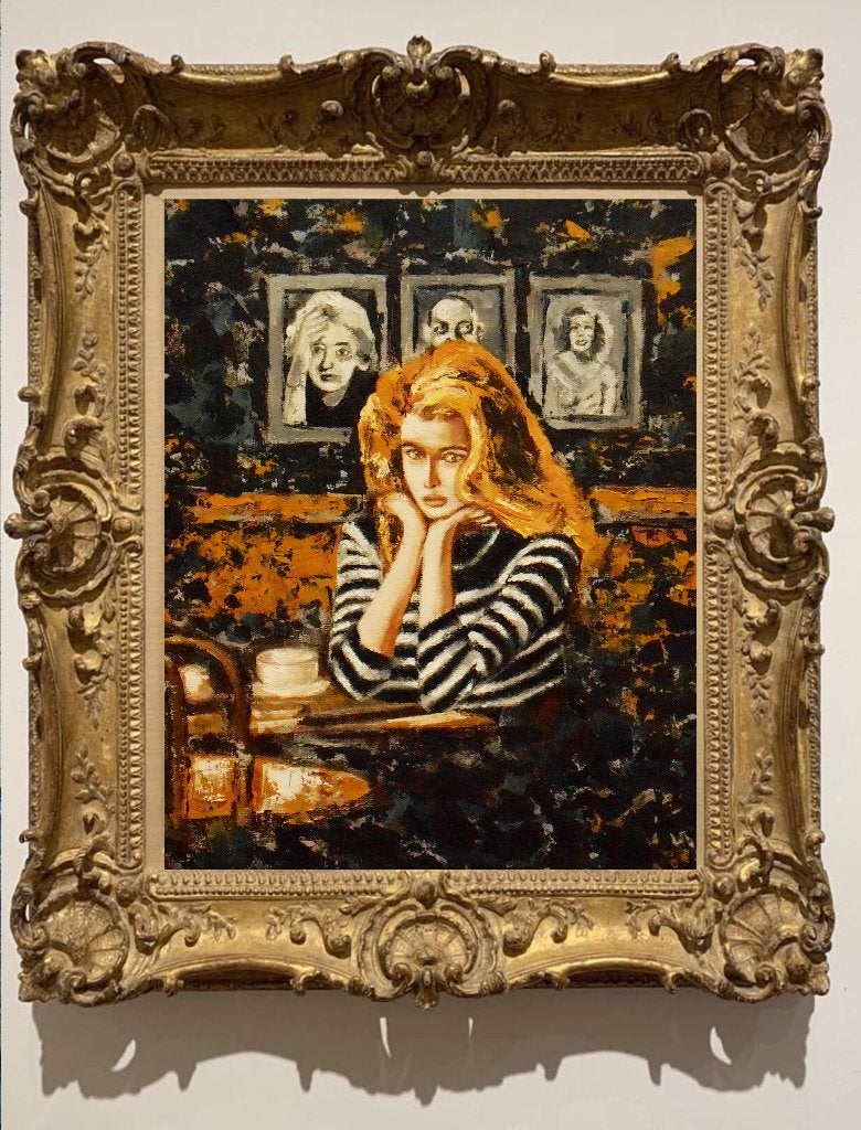 « Au café. En attente. » Peinture, Antiquités & Art, Textile, Peinture à l'huile, Certificat d'authenticité, Portrait
