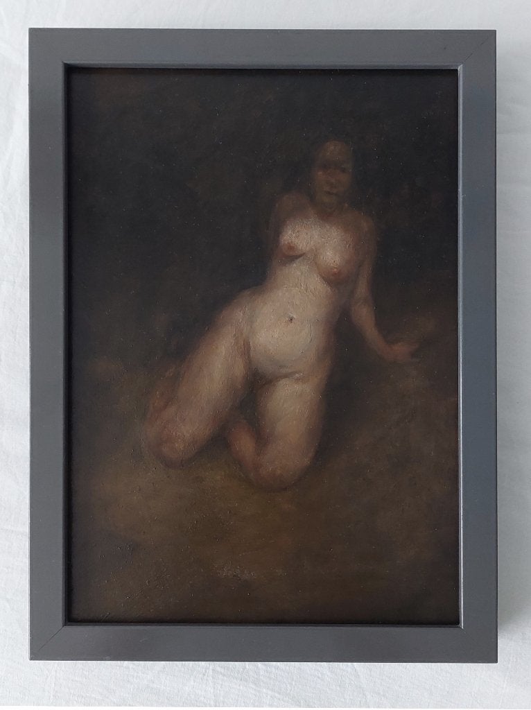 Schilderij van Naakte Vrouw Zittend - Olieverf, Portrait ou Personnes, Enlèvement ou Envoi, Peinture à l'huile, Panneau