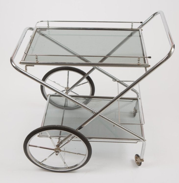 Franse drankwagen in chroom en glas uit de jaren 1960, Antiquités & Art, Art | Objets design, Table, Verre, Argent, Mobile, Signé