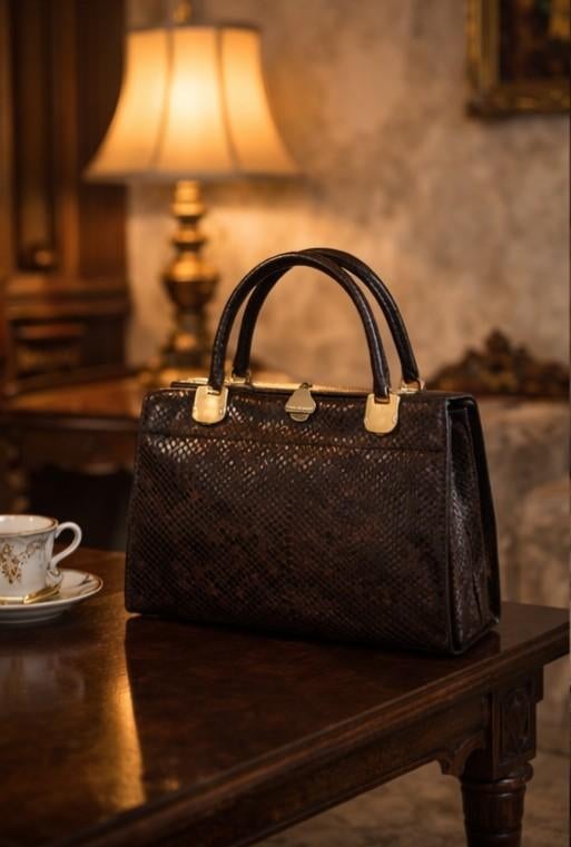 bruine tas, vintage leren tas van echt pythonslang, Ophalen, Gebruikt, Bruin, Handtas