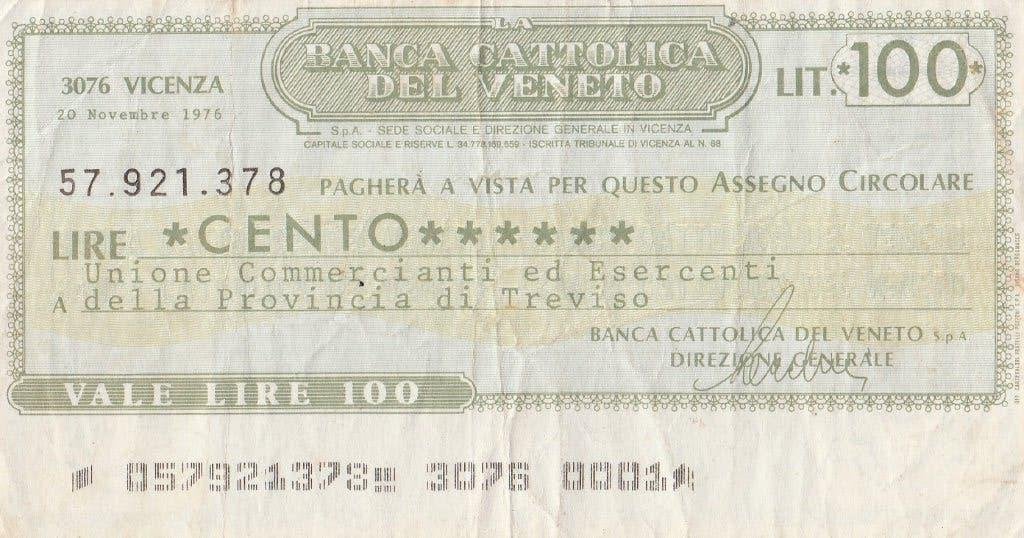 2 Mini-cheques van 100 lire 1976- 1977, Ophalen of Verzenden, Italië, Setje