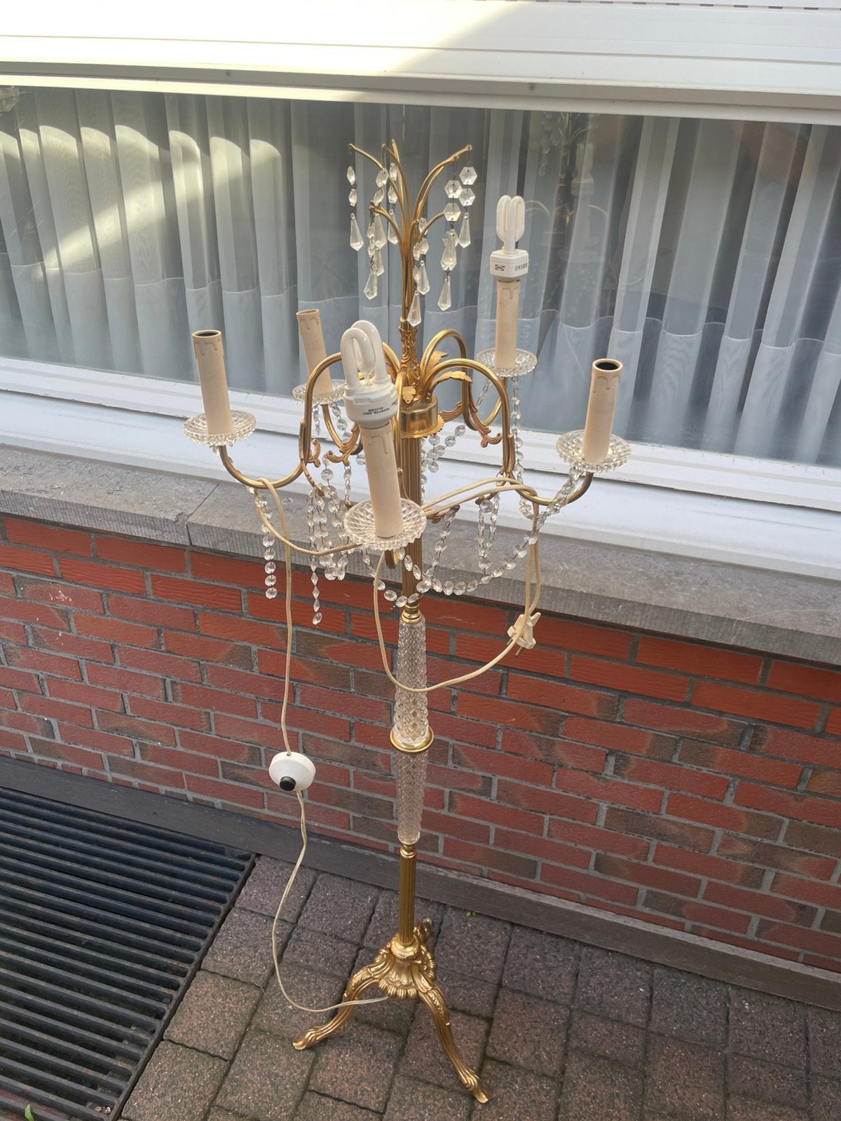 Vintage messing vloerlamp met kristallen ( 5 armig ), Ophalen, Zo goed als nieuw