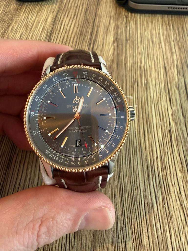 Breitling Navitimer 41 butterfly buckle en rosegold crown, Handtassen en Accessoires, Horloges | Heren, Ophalen, Leer, Breitling