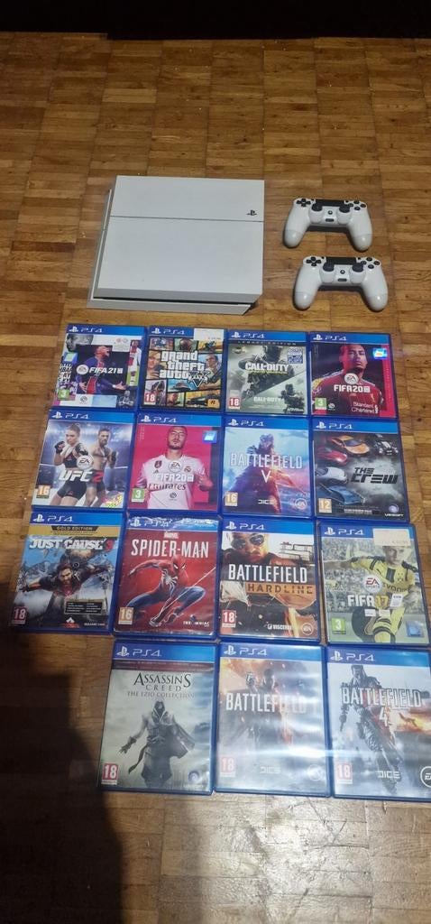 PlayStation 4 Slim (Wit) + 2 Controllers + 16 Games, Ophalen, Slim