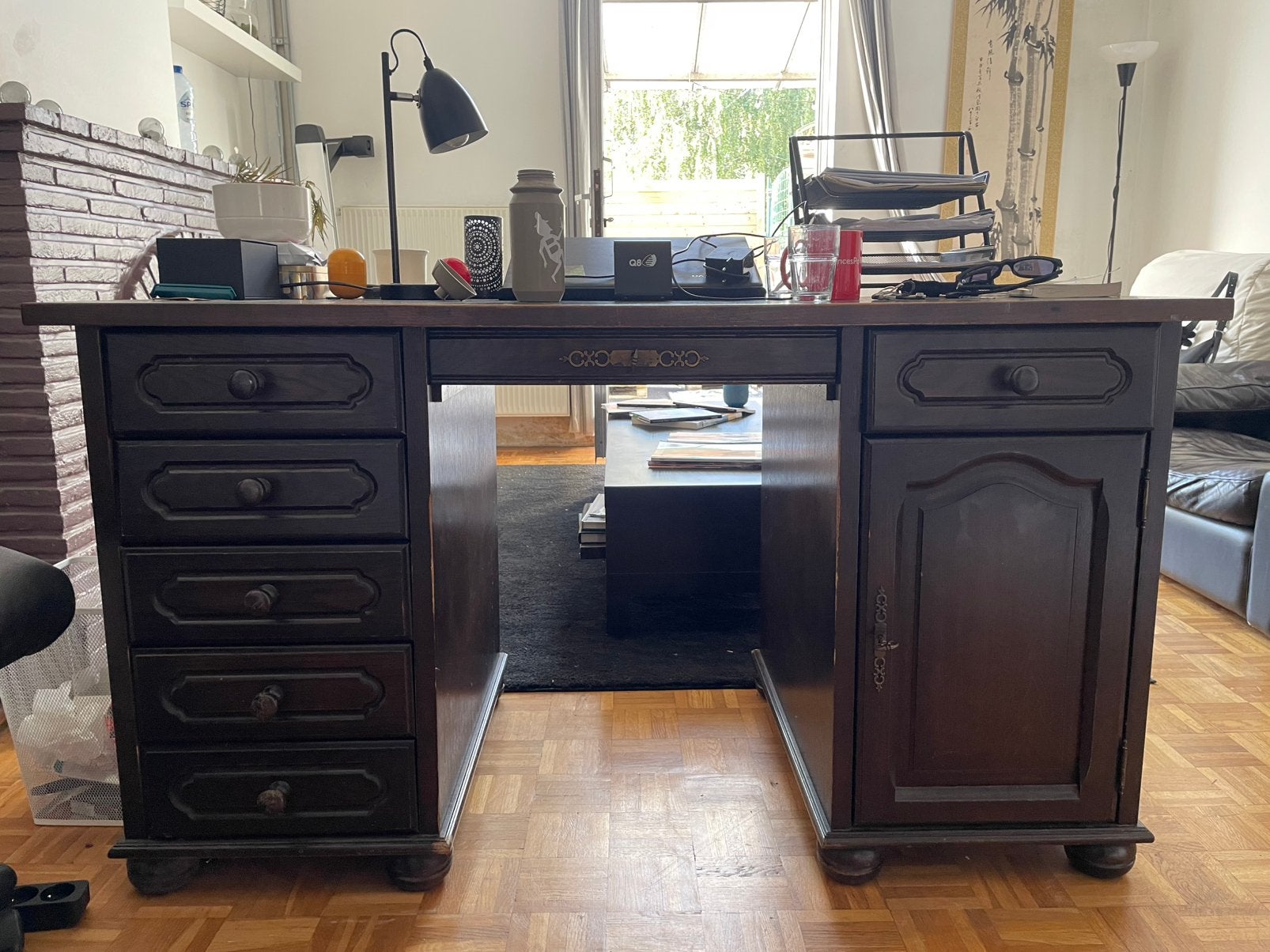 Bureau ministre ancien en bois massif, finition noir/ébène, Classique, 140 cm, Bois, Enlèvement