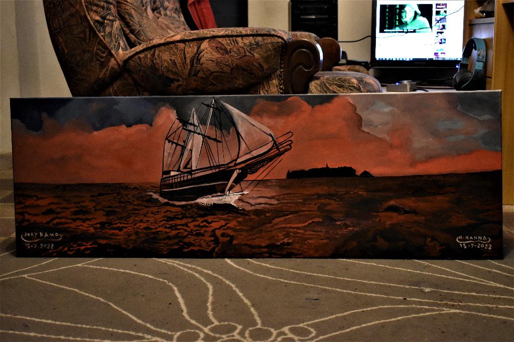 Zee- en bootschilderij, door Joky Kamo, Antiek en Kunst, Kunst | Schilderijen | Klassiek, Ophalen